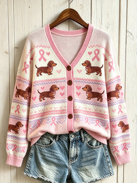 Damen niedlicher Hund und rosa Charity-Strickjacke mit Band muster gedruckt