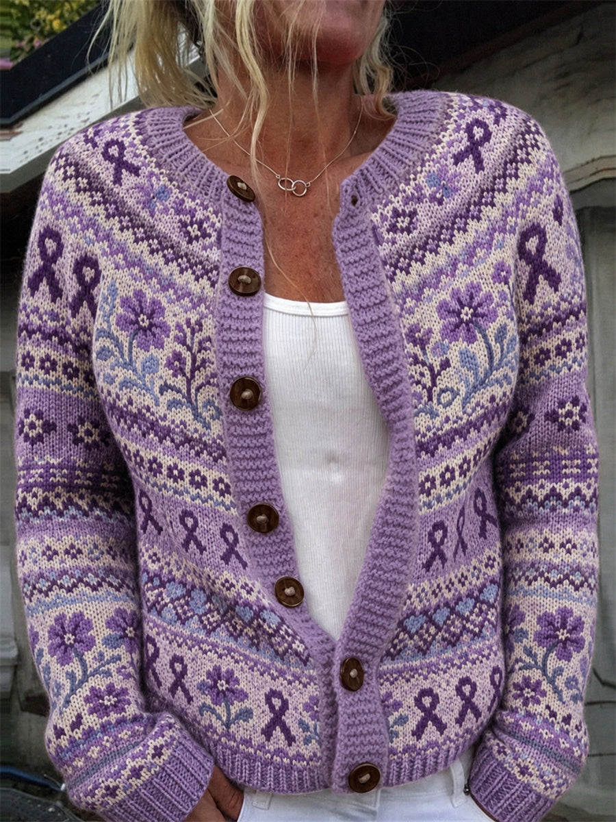 Damen-Strickjacke im Vintage-Stil mit violettem Schleifen- und Blumenmuster
