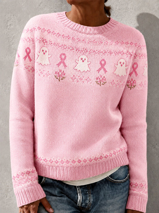 Frauen Rosa Band Floral Ghost Print Brustkrebs Sensi bilisierung Pullover