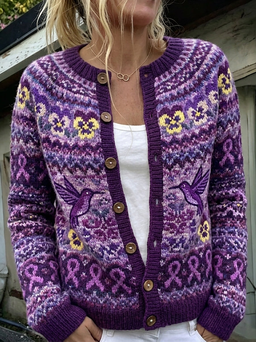 Damen Vintage Lila Band & Kolibri Stiefmüsschen Isle Muster Print Strickjacke