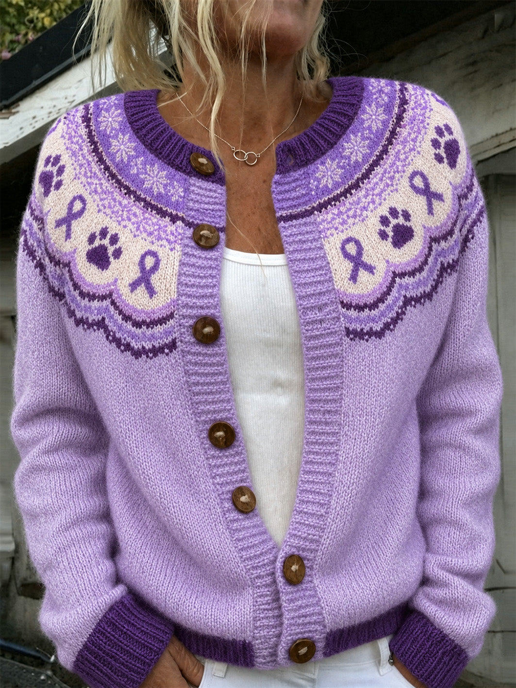 Damen niedliche Hunde Pfoten und lila Charity Ribbon Muster bedruckt lässige Strickjacke im Stil