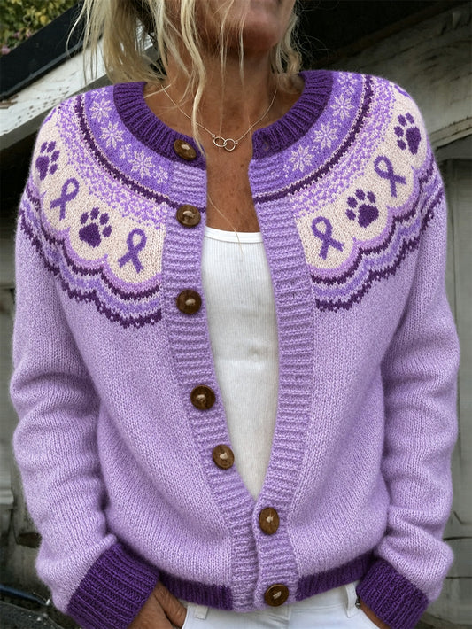Damen niedliche Hunde Pfoten und lila Charity Ribbon Muster bedruckt lässige Strickjacke im Stil