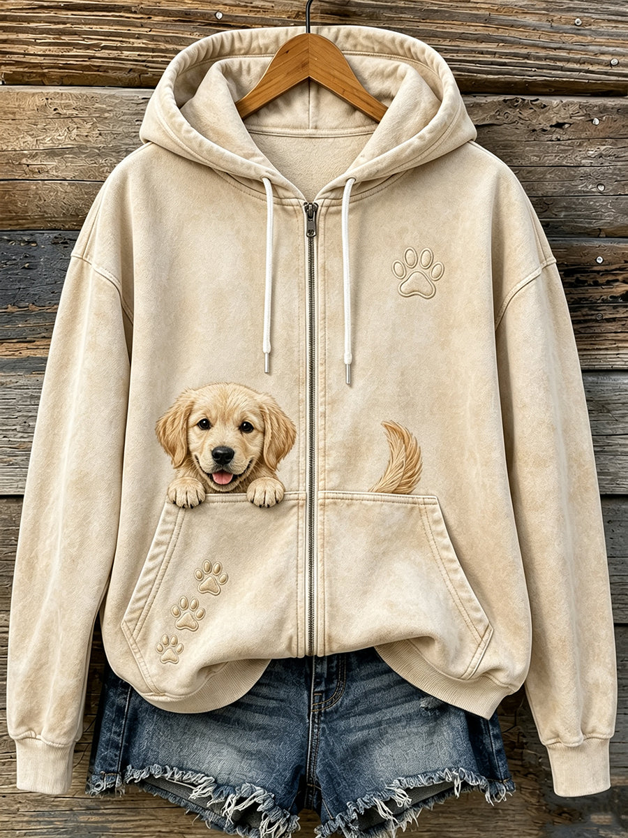 Damen Niedlich Peeking Golden Retriever & Pfoten Druck Gemütlicher Reiß verschluss Hoodie
