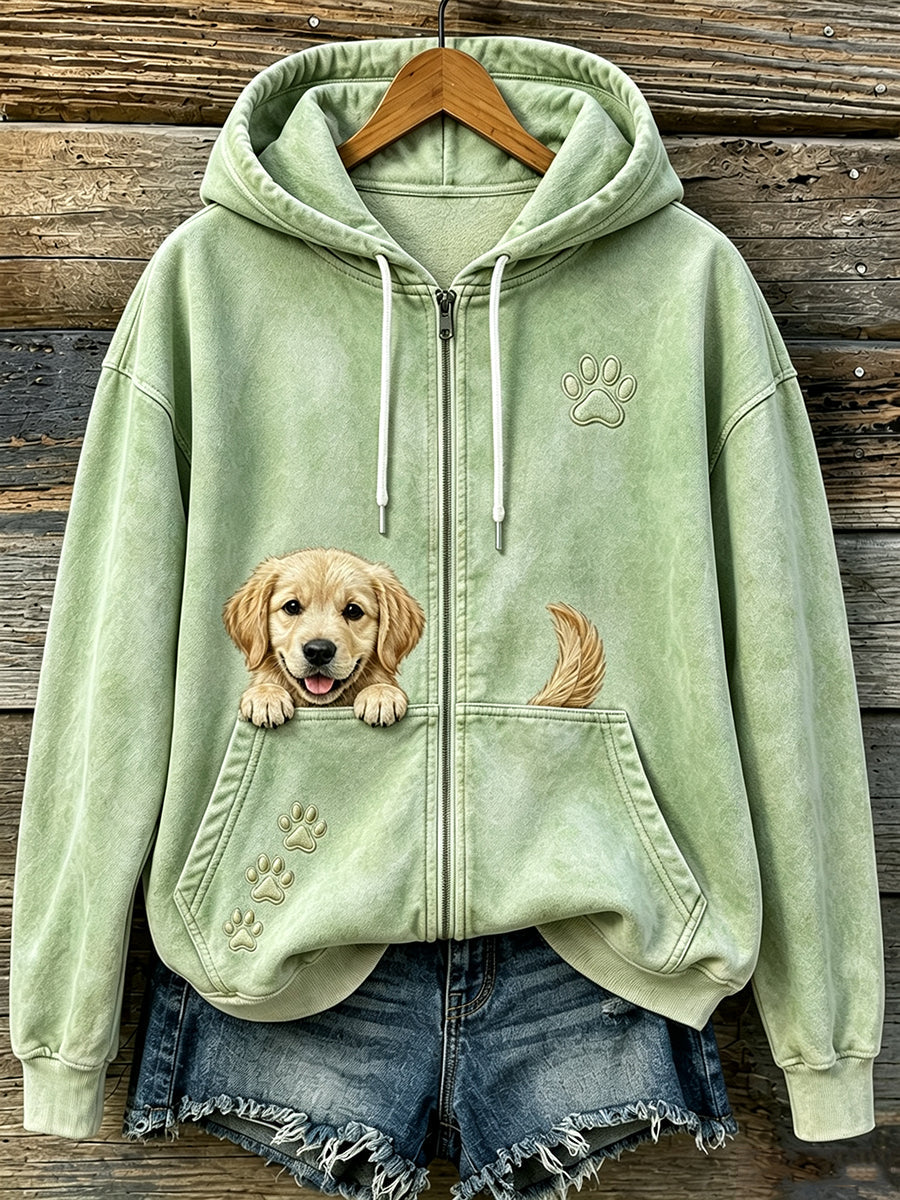 Damen Niedlich Peeking Golden Retriever & Pfoten Druck Gemütlicher Reiß verschluss Hoodie