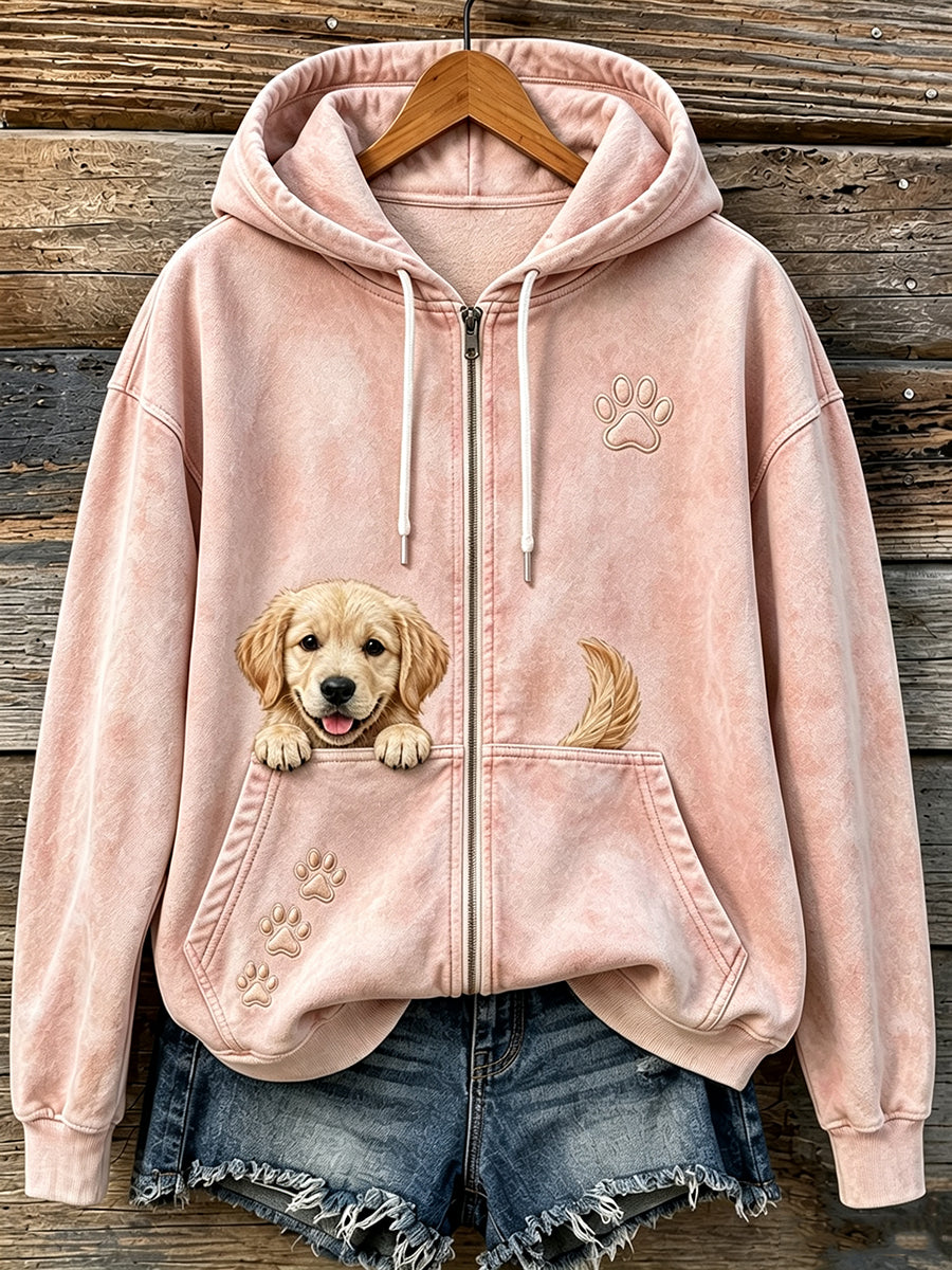 Damen Niedlich Peeking Golden Retriever & Pfoten Druck Gemütlicher Reiß verschluss Hoodie