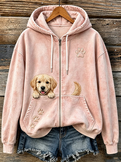 Damen Niedlich Peeking Golden Retriever & Pfoten Druck Gemütlicher Reiß verschluss Hoodie