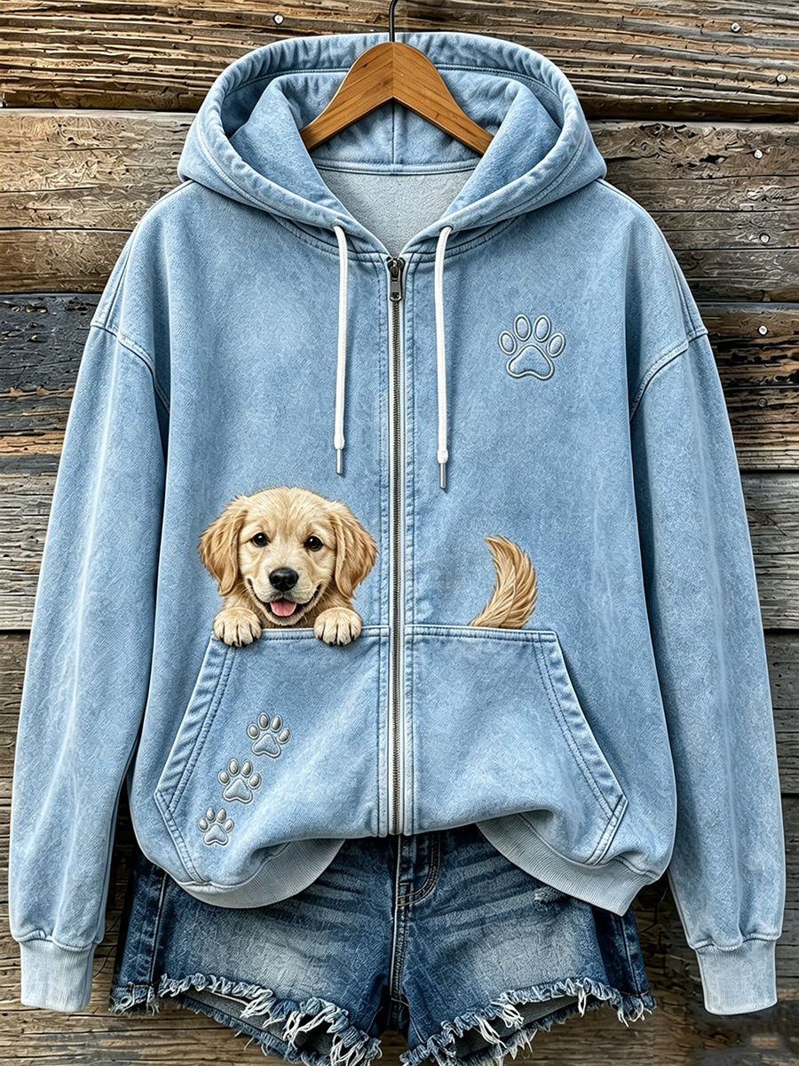 Damen Niedlich Peeking Golden Retriever & Pfoten Druck Gemütlicher Reiß verschluss Hoodie