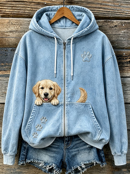Damen Niedlich Peeking Golden Retriever & Pfoten Druck Gemütlicher Reiß verschluss Hoodie