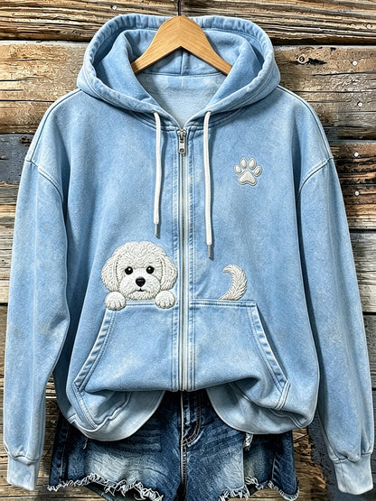 Damen niedlich Peeking Bichon Frise mit Pfoten druck Gemütlicher Reiß verschluss Hoodie