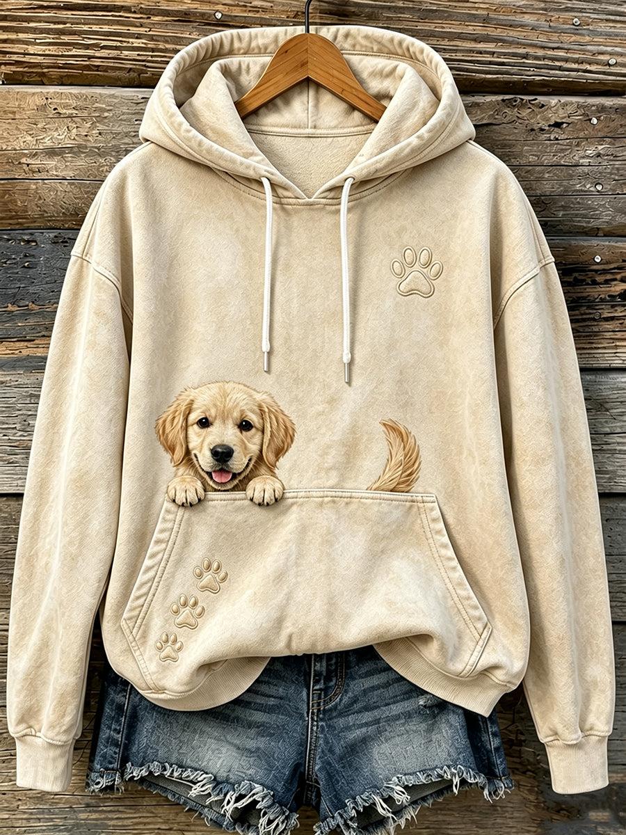 Bequemer Damen-Kapuzenpullover mit niedlichem, hervorlugendem Golden-Retriever- und Pfoten-Print
