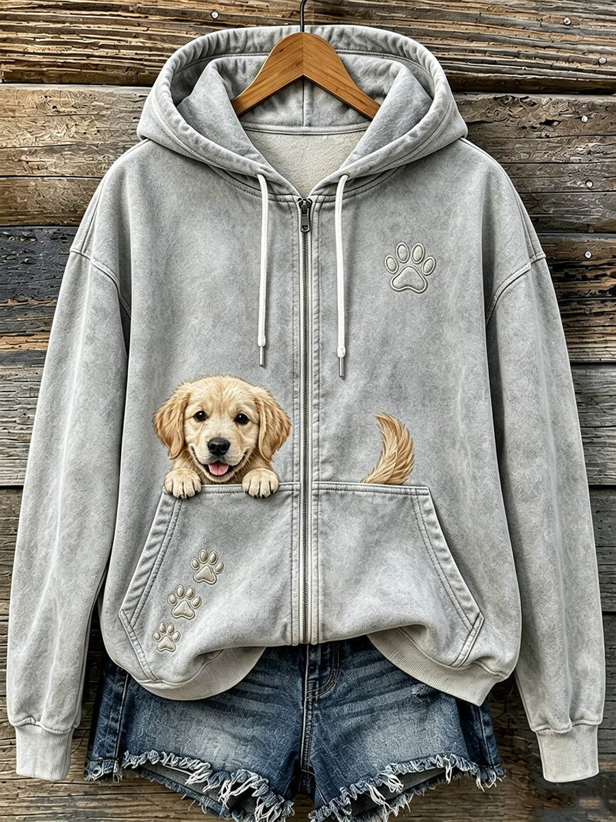 Damen Niedlich Peeking Golden Retriever & Pfoten Druck Gemütlicher Reiß verschluss Hoodie