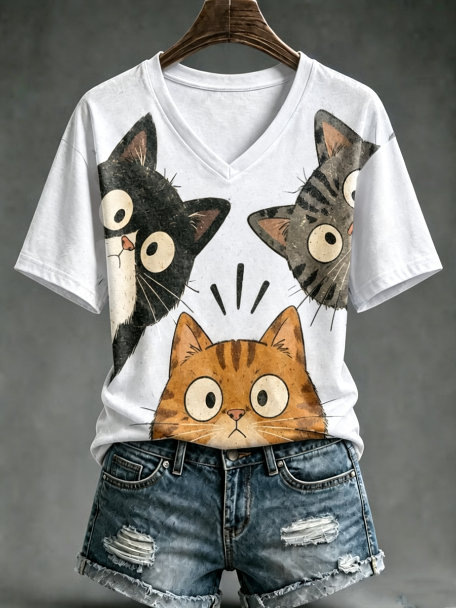 Kurzarm-T-Shirt mit süßem Katzen-Print für Damen