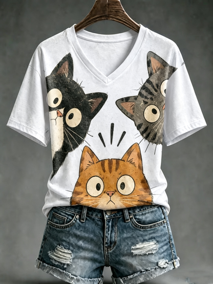 Kurzarm-T-Shirt mit süßem Katzen-Print für Damen