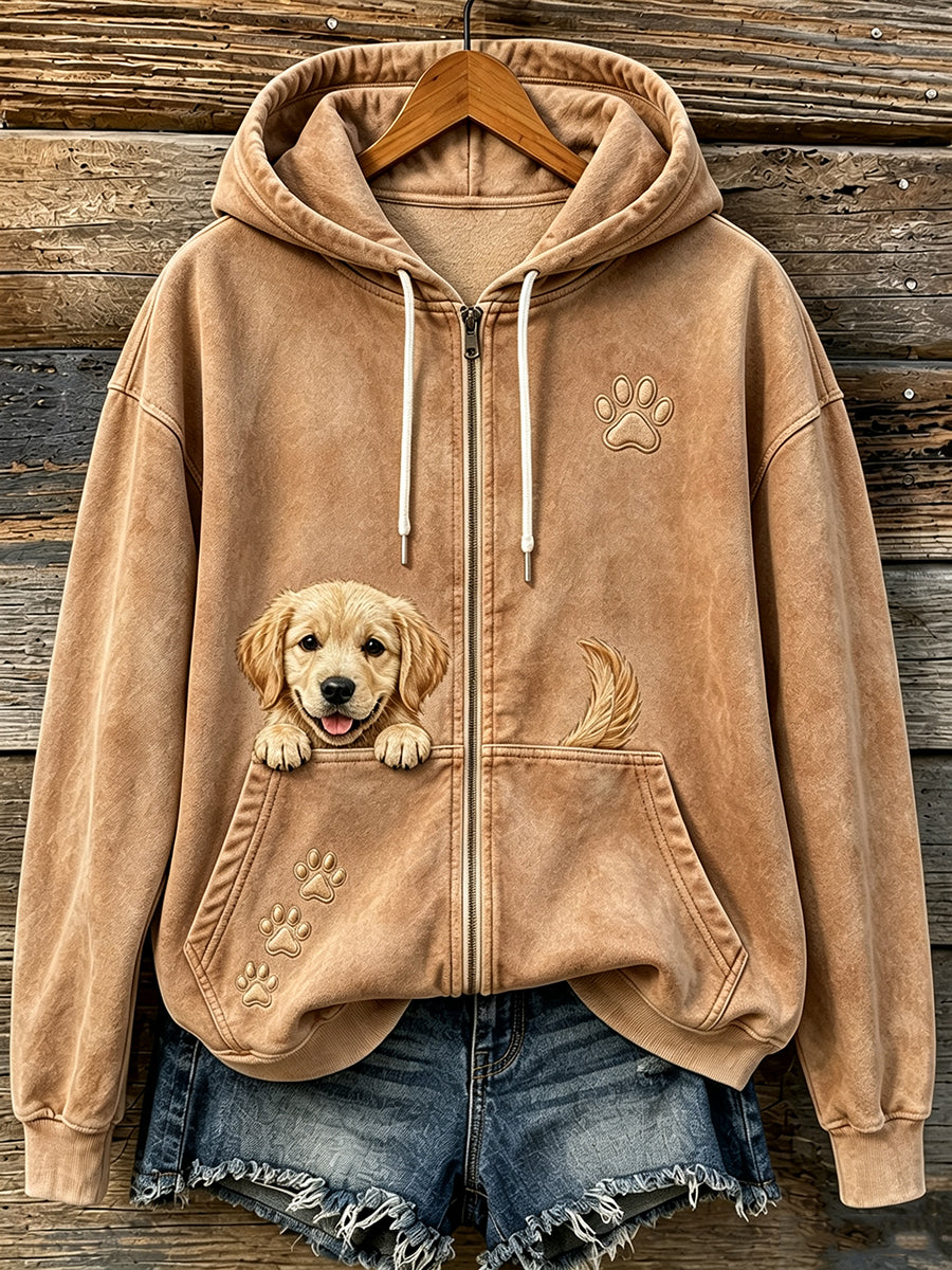 Damen Niedlich Peeking Golden Retriever & Pfoten Druck Gemütlicher Reiß verschluss Hoodie