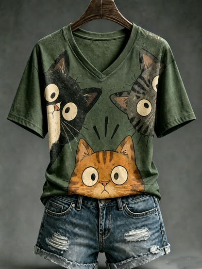 Kurzarm-T-Shirt mit süßem Katzen-Print für Damen