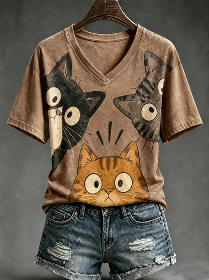 Kurzarm-T-Shirt mit süßem Katzen-Print für Damen