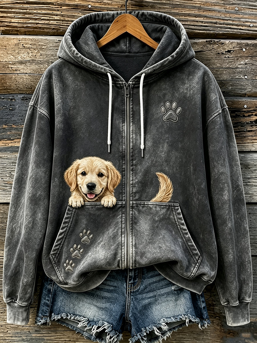 Damen Niedlich Peeking Golden Retriever & Pfoten Druck Gemütlicher Reiß verschluss Hoodie