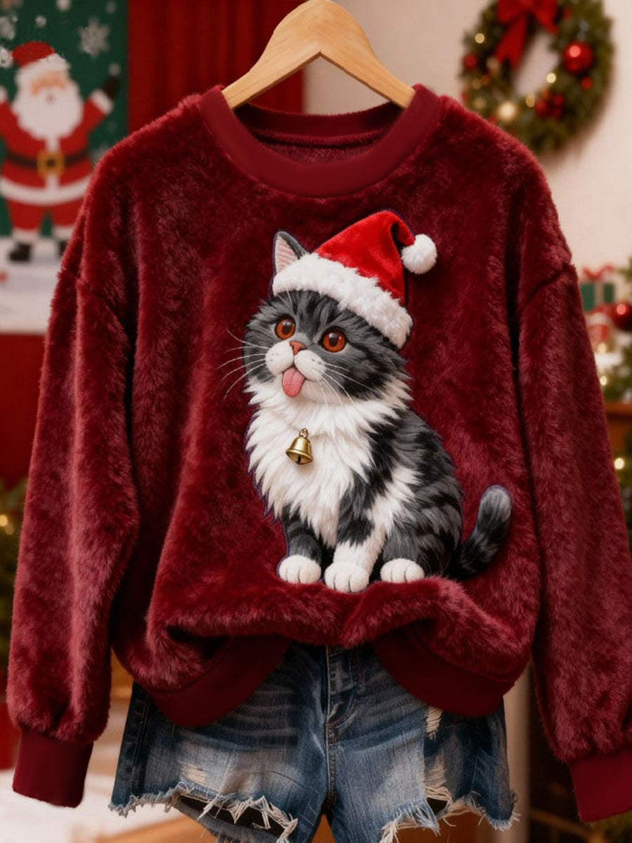 Damen-Weihnachtskatze-Flanell-Hoodie
