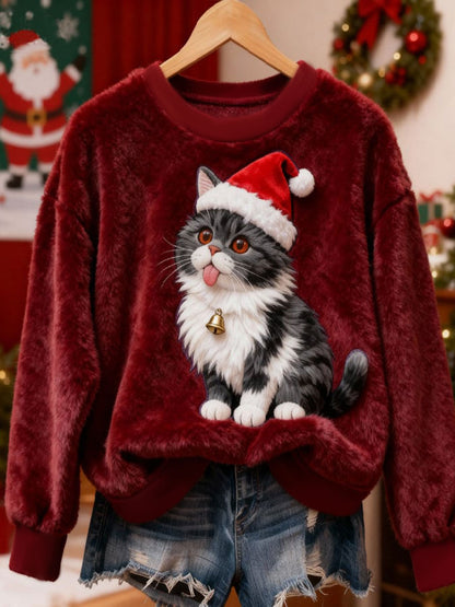Damen-Weihnachtskatze-Flanell-Hoodie