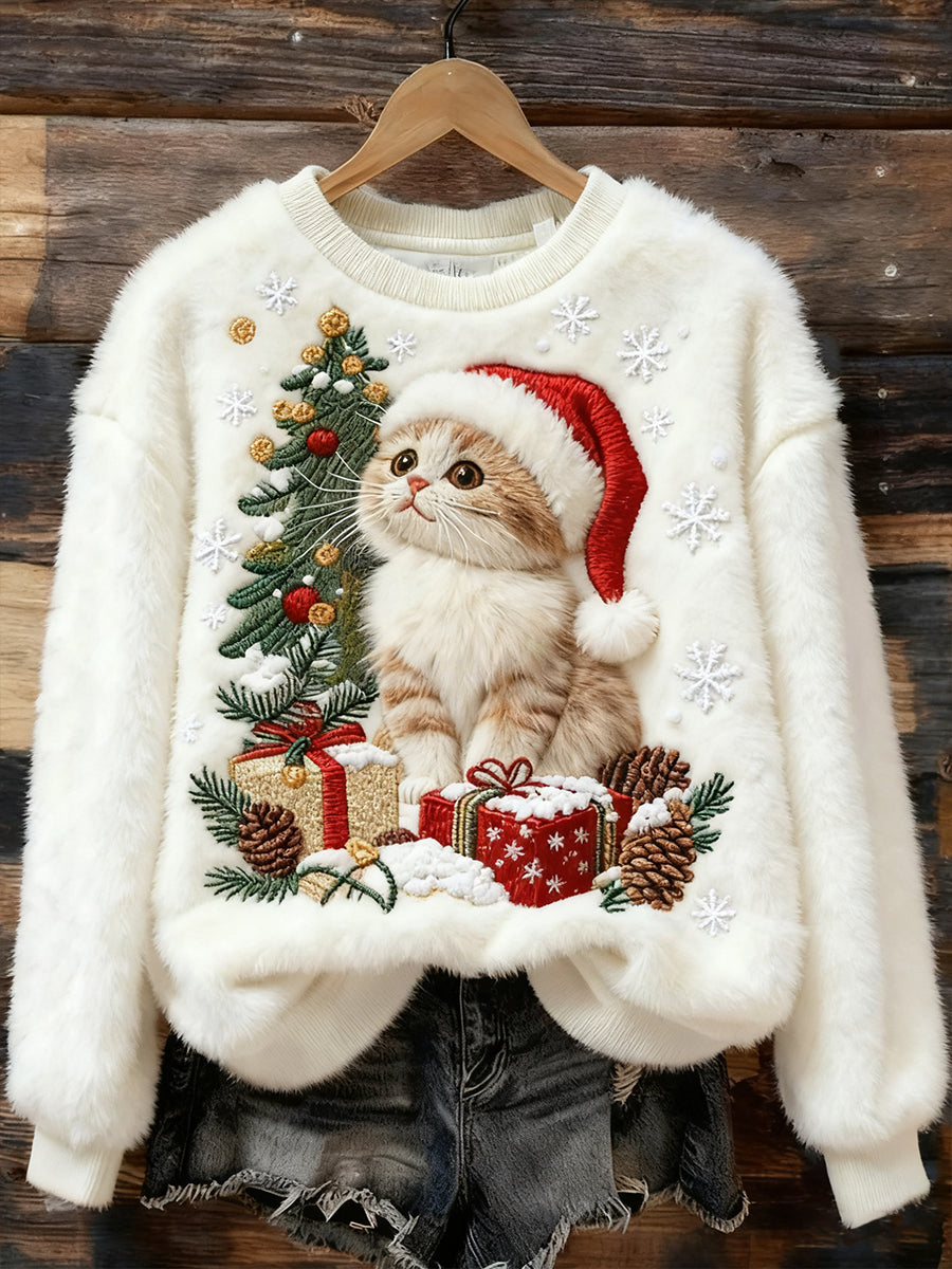 Damen-Sweatshirt aus flauschigem Flanell mit niedlichem Weihnachtskatzen-Motiv