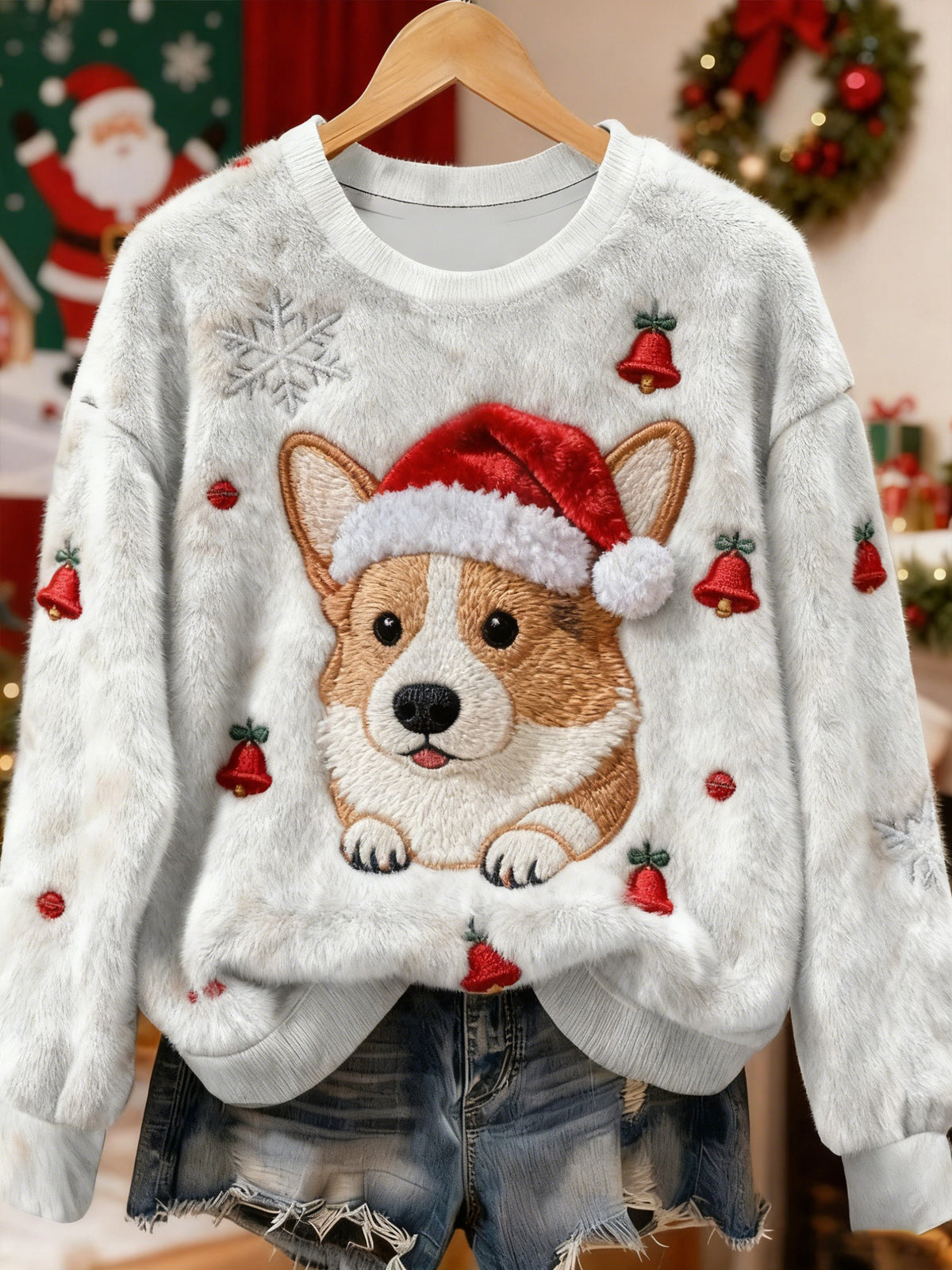 Damen Vintage Weihnachts hund bedrucktes Flanell-Sweatshirt