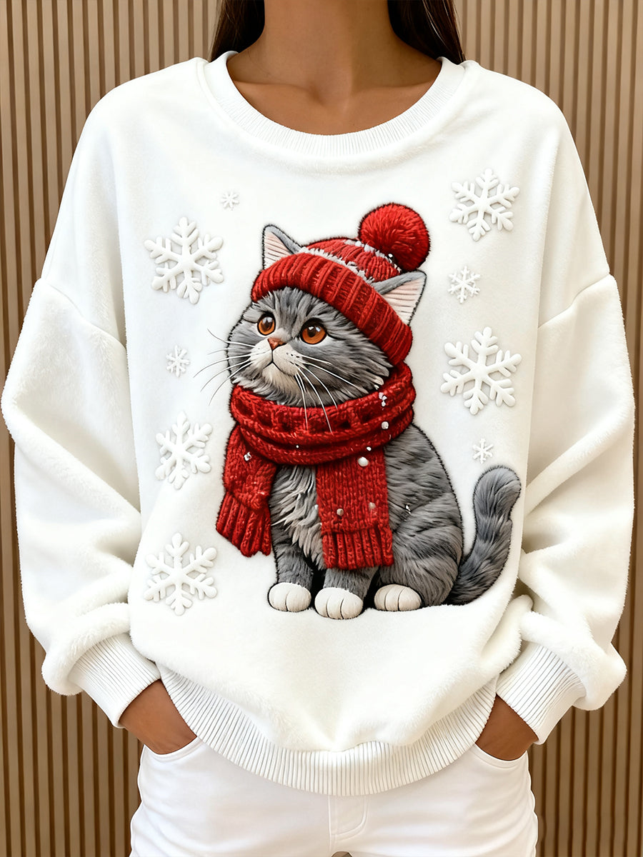 Damen niedlicher Weihnachts katzen Kunstdruck Casual Flanell Hoodie