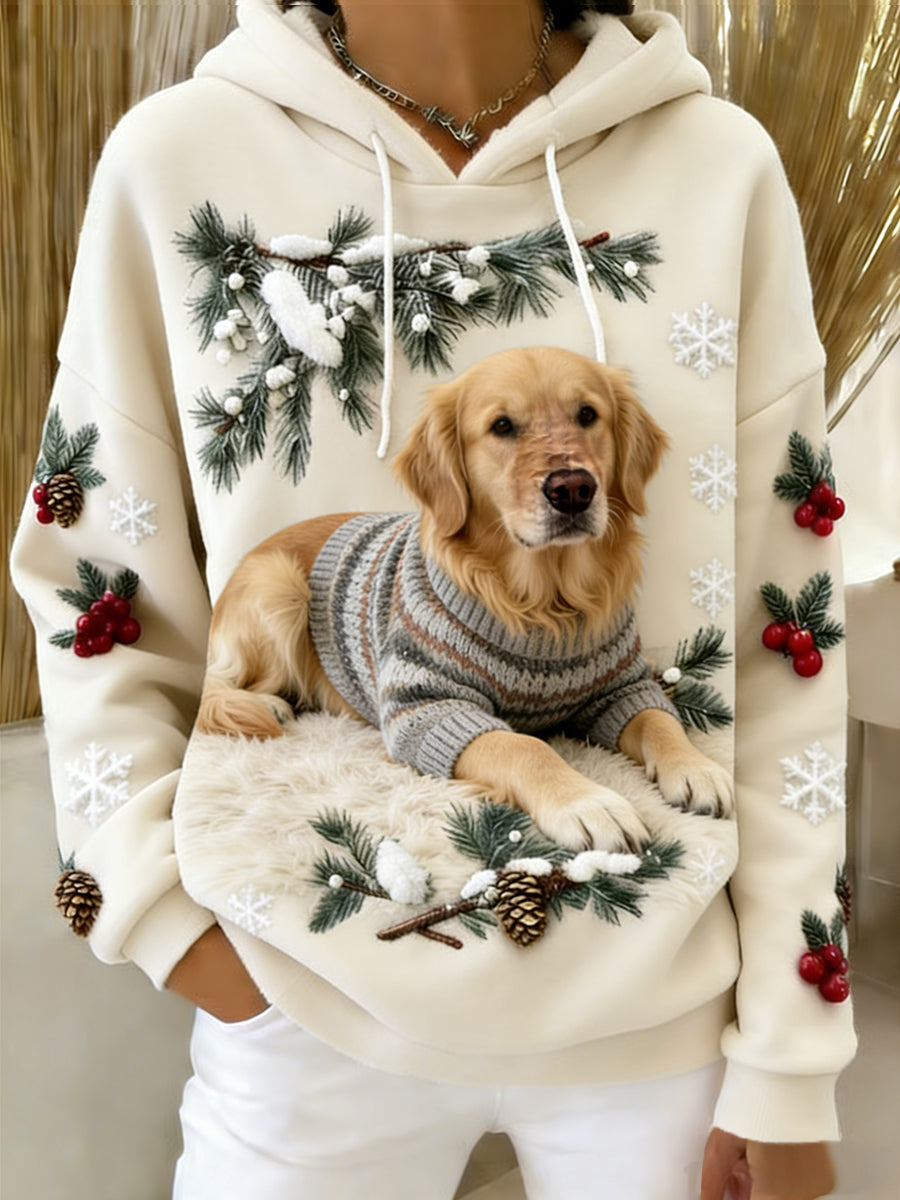 Damen-Retro-Hoodie aus flauschigem Flanell mit tierischem Kunstdruck und hohem Tragekomfort