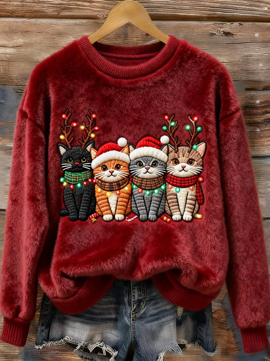Weihnachtlicher, niedlicher Flanell-Sweatshirt für Damen mit Katzenmotiv