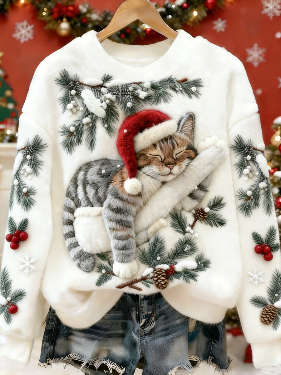 Damen-Sweatshirt aus Flanell mit niedlichem Weihnachtskatzen-Art-Print, lässig