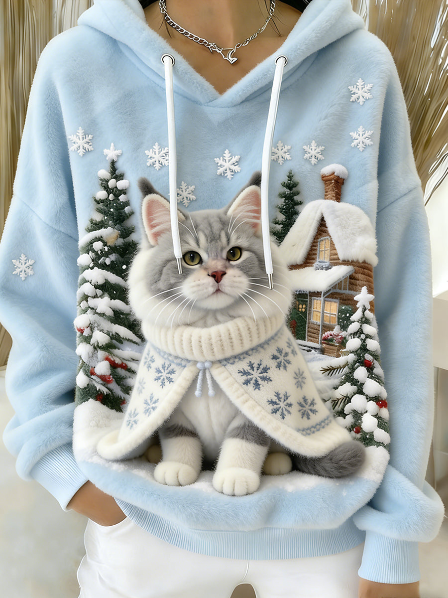 Damen-Retro-Hoodie aus flauschigem Flanell mit tierischem Kunstdruck und hohem Tragekomfort