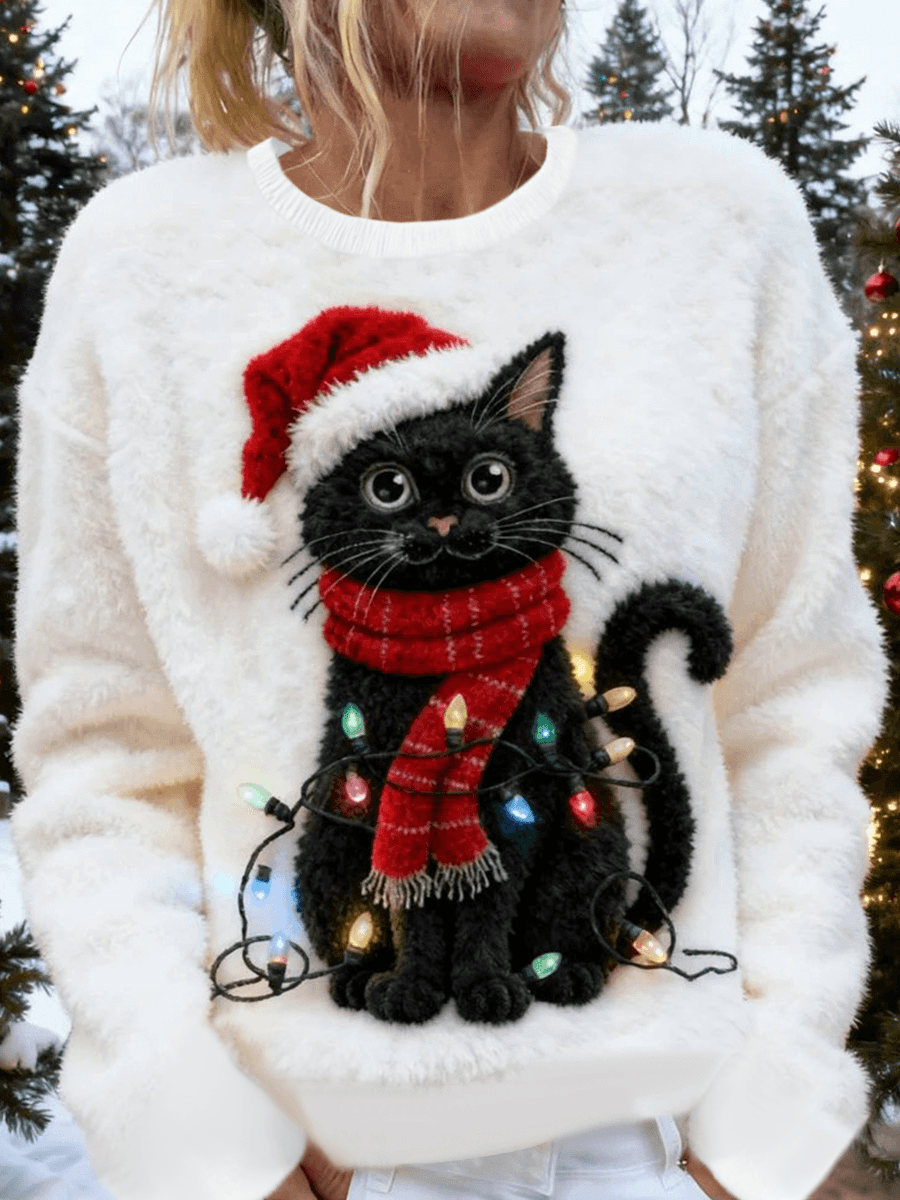 Damen niedliche Weihnachts katze Kunstdruck Casual Flanell Pullover