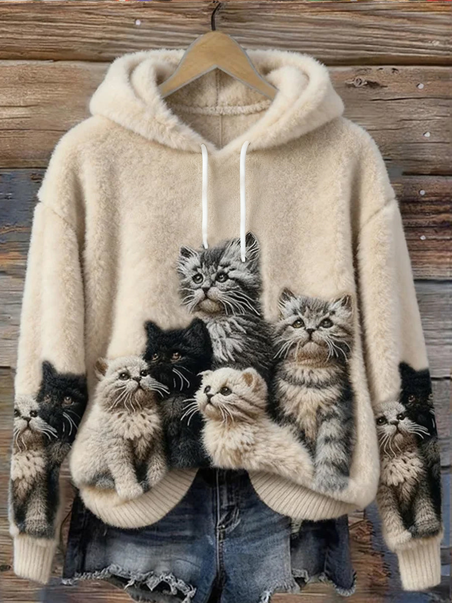 Damen niedliches Katzen-Kunstdruck-lässiges Flanell-Sweatshirt