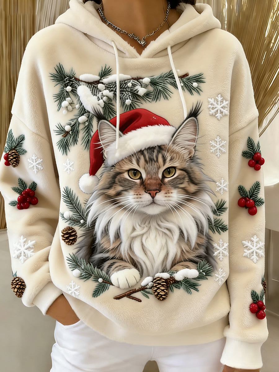 Damen-Retro-Hoodie aus flauschigem Flanell mit tierischem Kunstdruck und hohem Tragekomfort