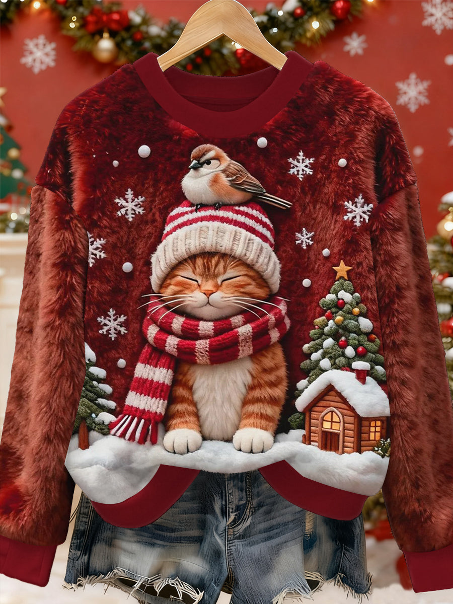 Damen-Sweatshirt aus flauschigem Flanell mit niedlichem Weihnachtskatzen-Motiv