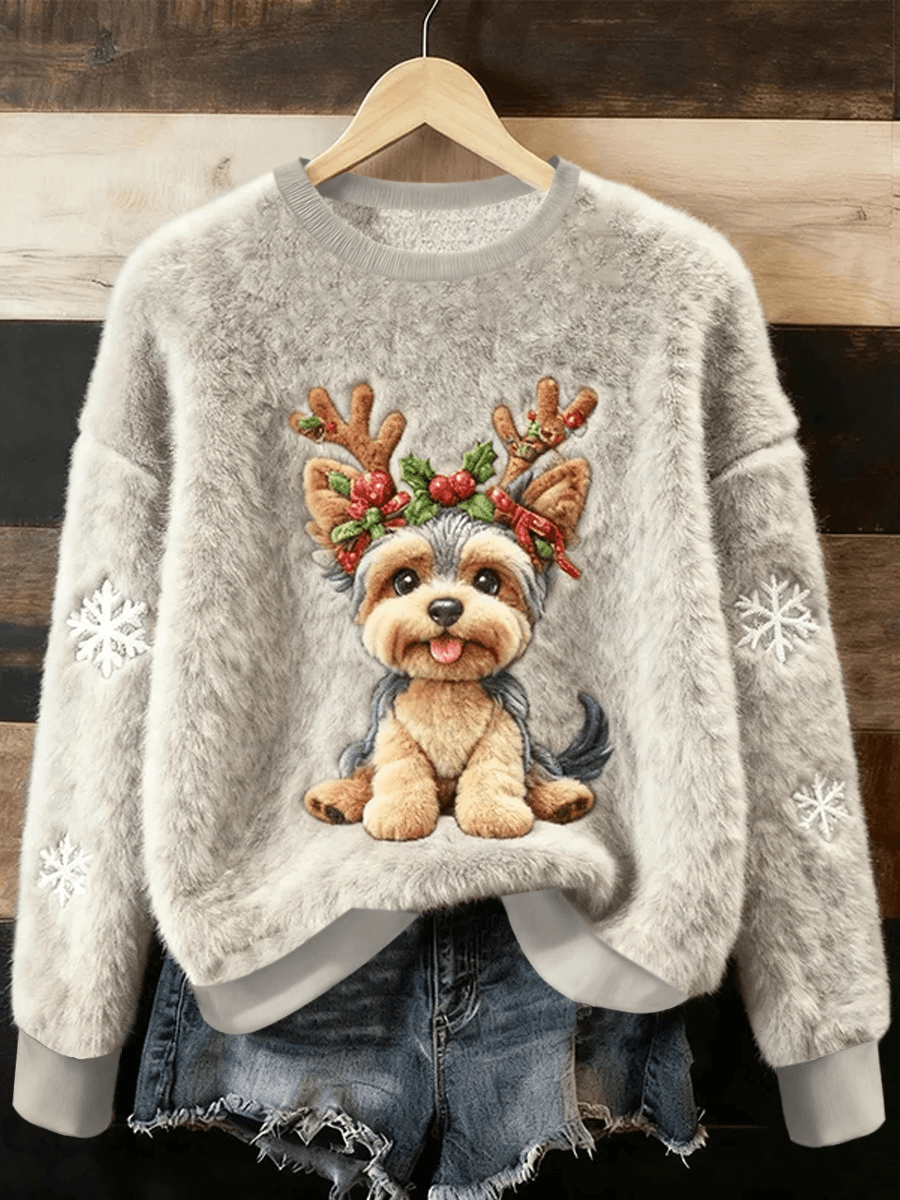Damen niedlicher Weihnachts hund Kunstdruck Casual Flanell Pullover