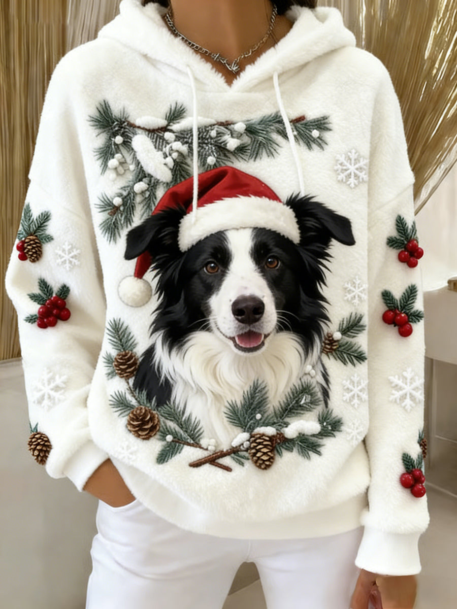 Damen-Retro-Hoodie aus flauschigem Flanell mit tierischem Kunstdruck und hohem Tragekomfort