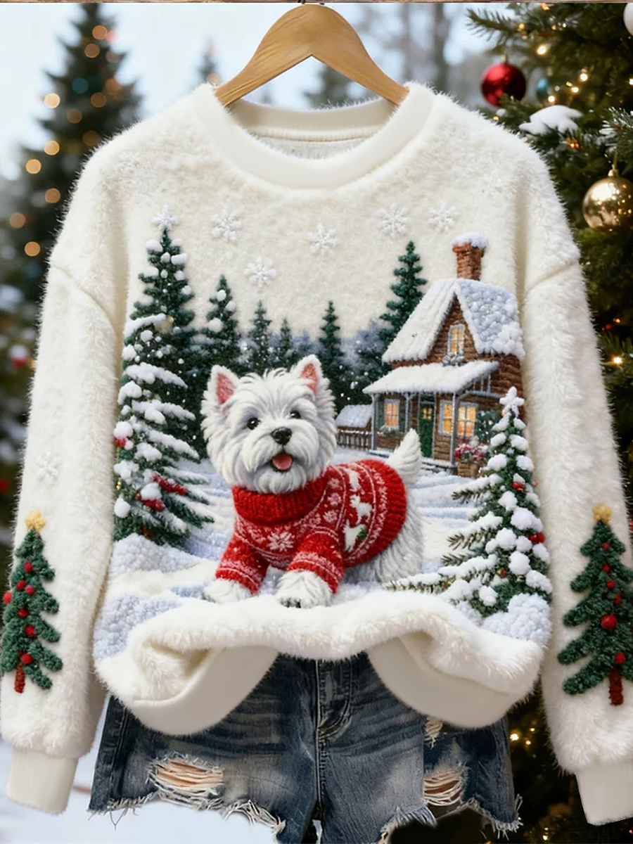 Damen-Sweatshirt aus flauschigem Flanell mit niedlichem Weihnachts‑Hunde‑Motiv