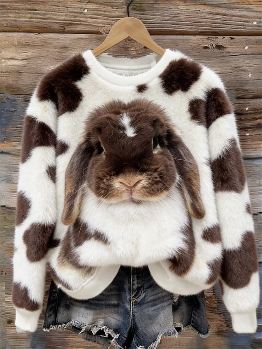 Damen Niedliches Bunny Art Rundhals ausschnitt Gemütliches Flanell-Sweatshirt