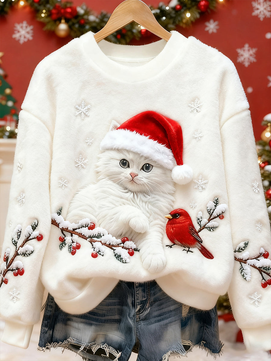 Damen-Sweatshirt aus flauschigem Flanell mit niedlichem Weihnachtskatzen-Motiv