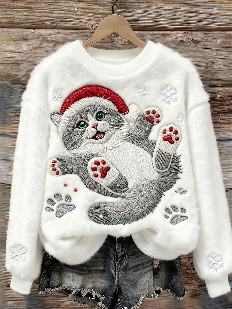 Damen-Sweatshirt aus flauschigem Flanell mit niedlichem Weihnachtskatzen-Motiv