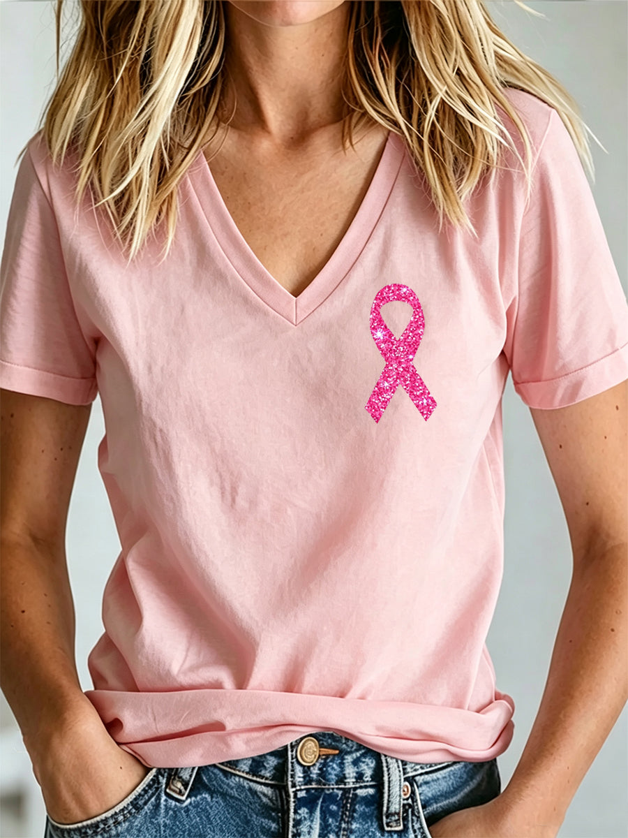 Damen-T-Shirt mit V-Ausschnitt und Aufdruck zur Brustkrebsaufklärung