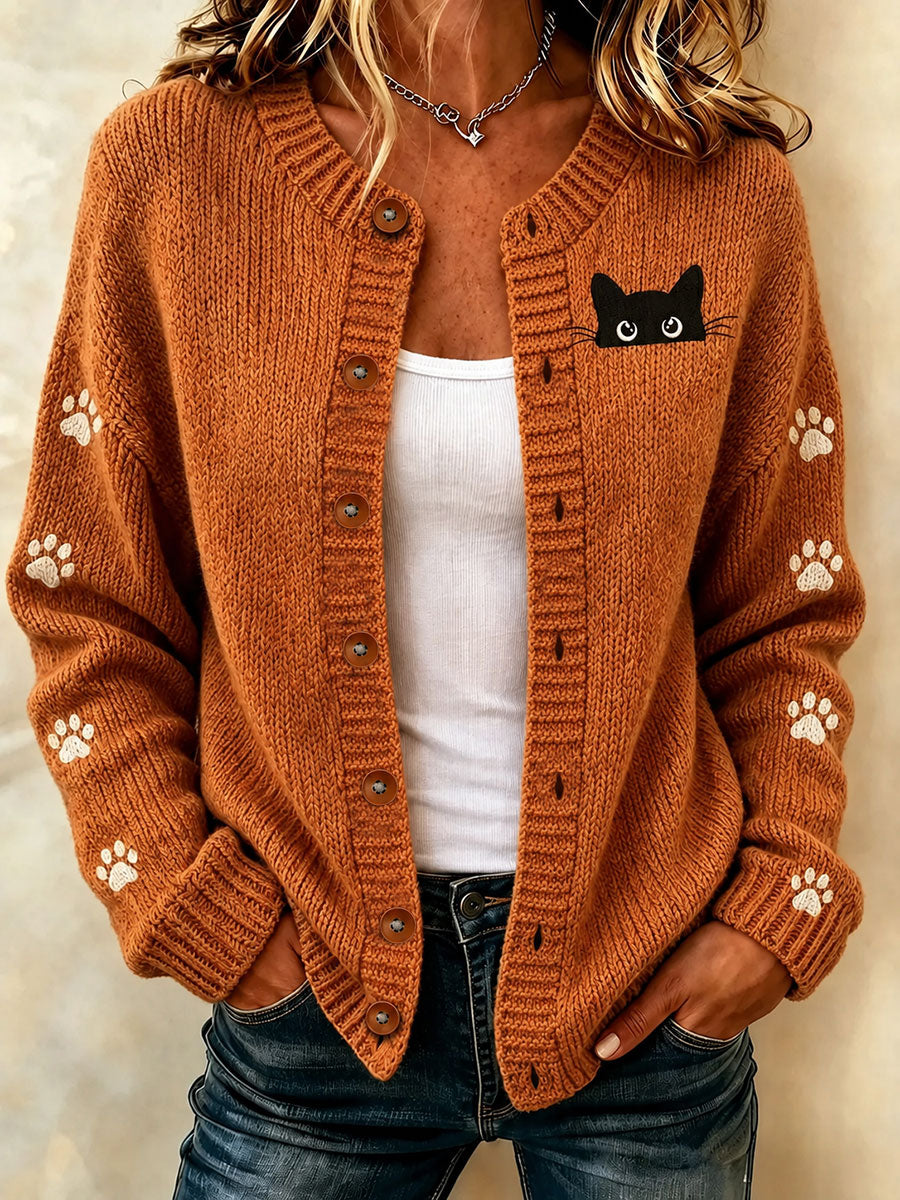Damen-Katzen-Kunstdruck-Freizeit-Strickjacke