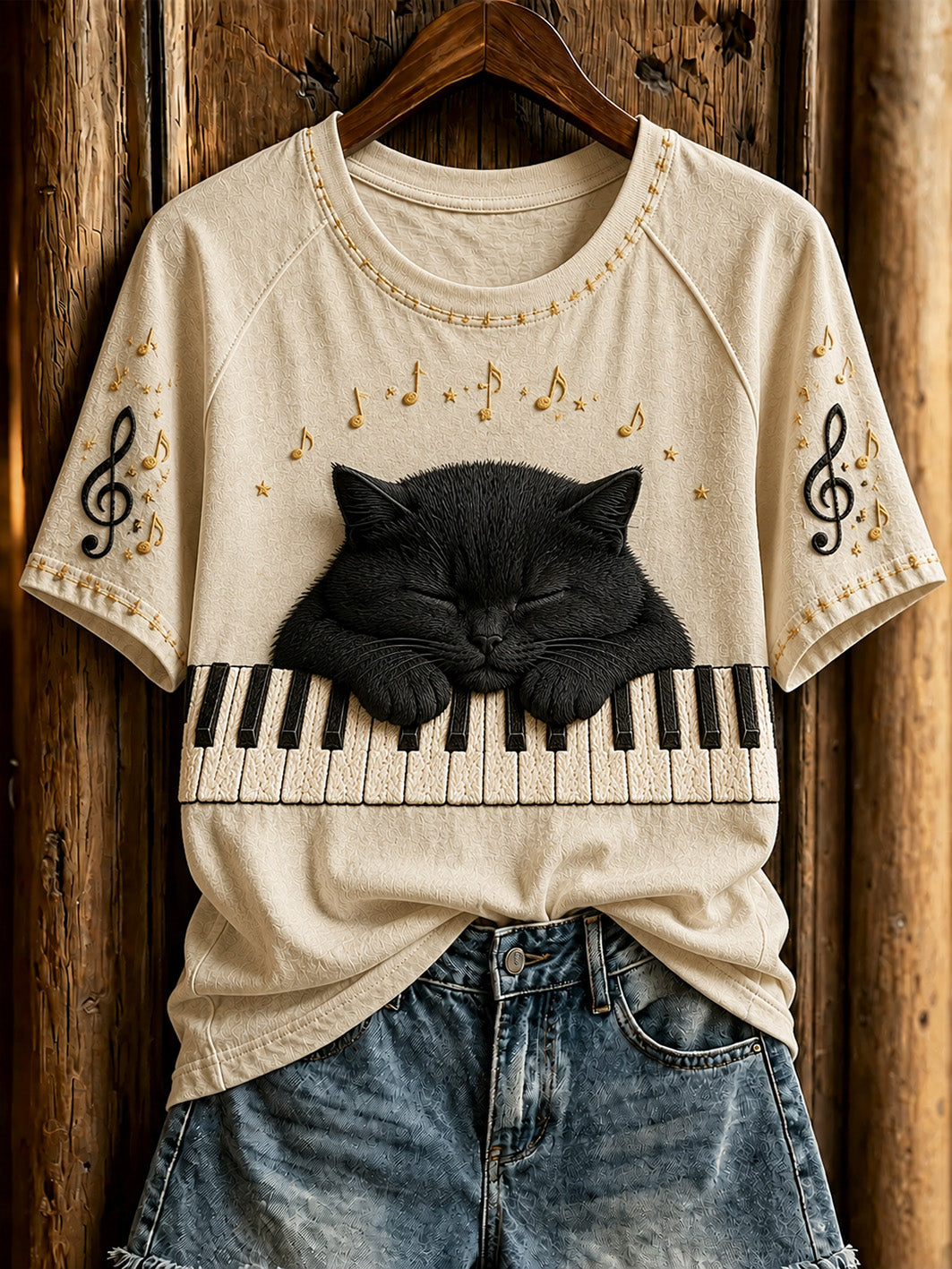 Damen-T-Shirt mit niedlichem Katzen- und Klaviermotiv, lässig, kurzärmlig