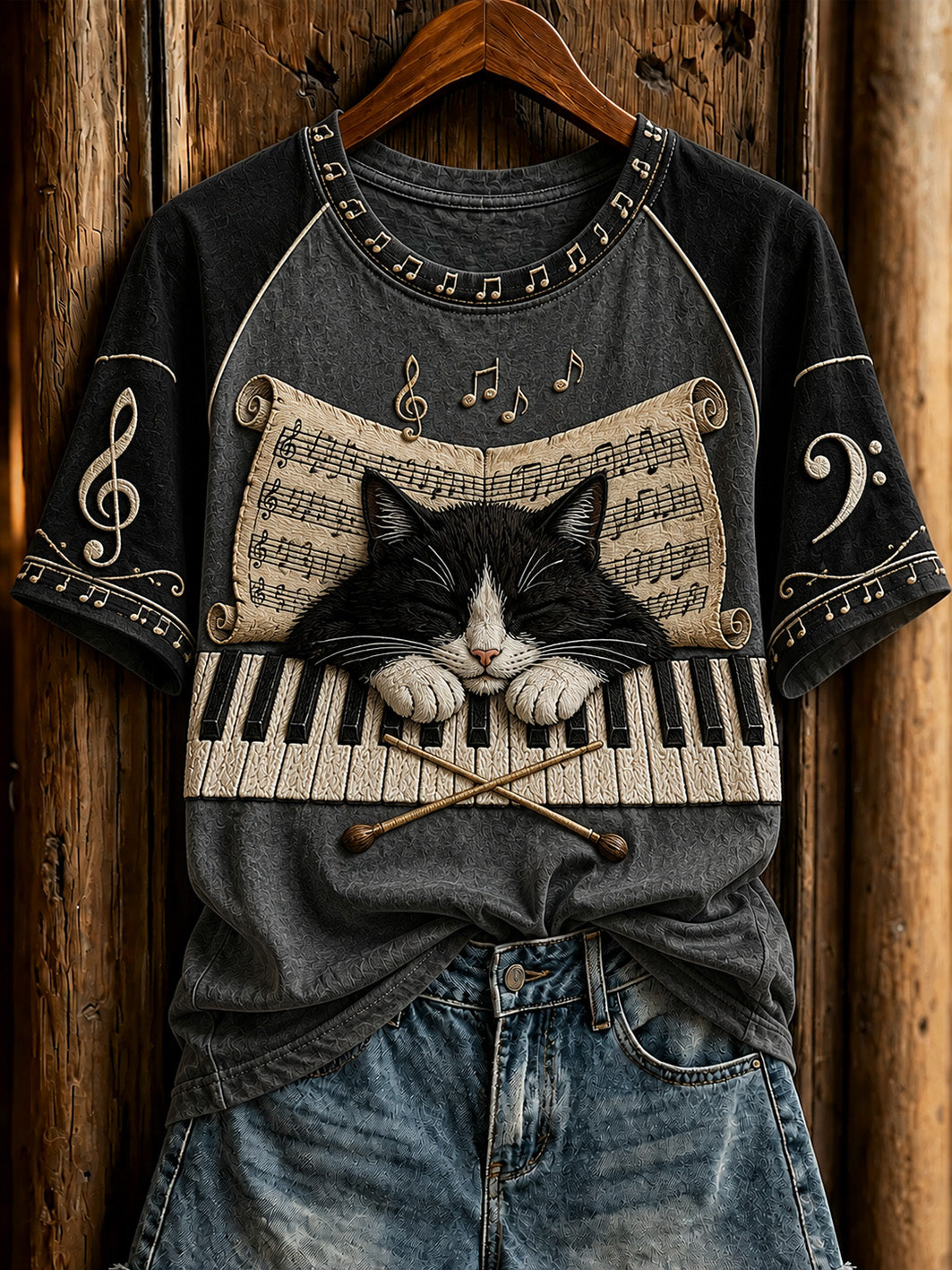 Damen-T-Shirt mit niedlichem Katzen- und Klaviermotiv, lässig, kurzärmlig