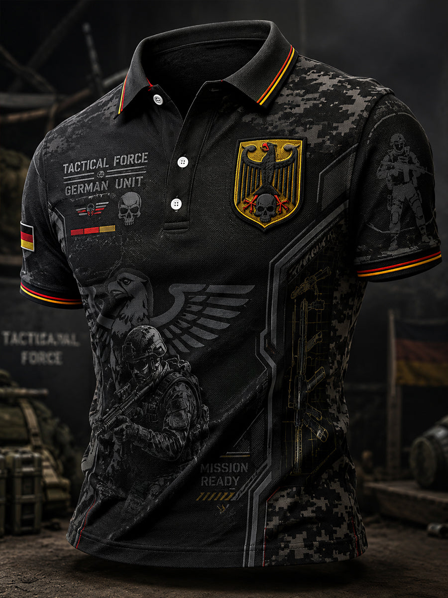 Kurzärmliges Herren-Polo-Shirt mit Vintage-Print im Militärs til