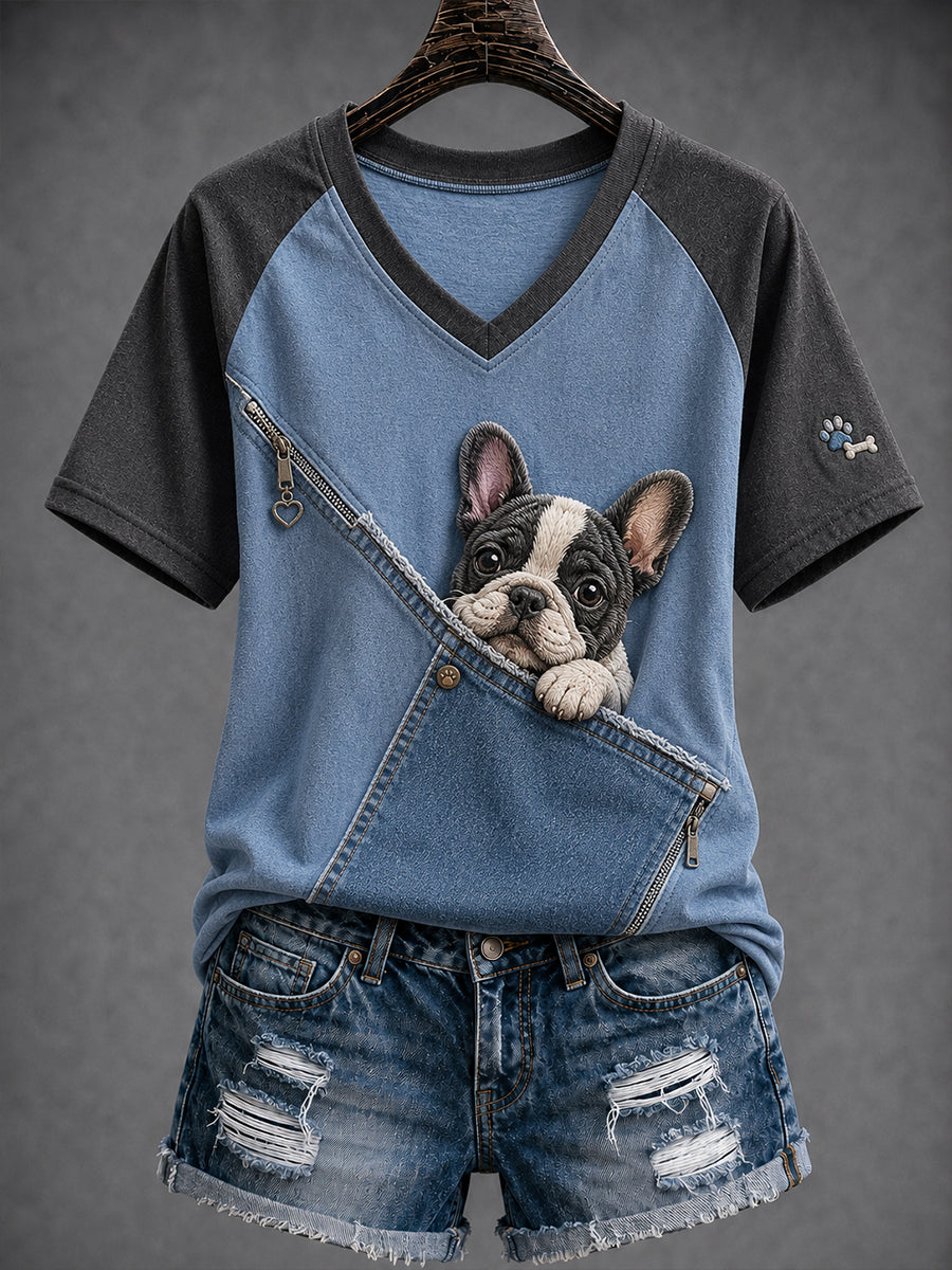 Frauen Spaß Tiere V-Ausschnitt Kurzarm T-Shirt