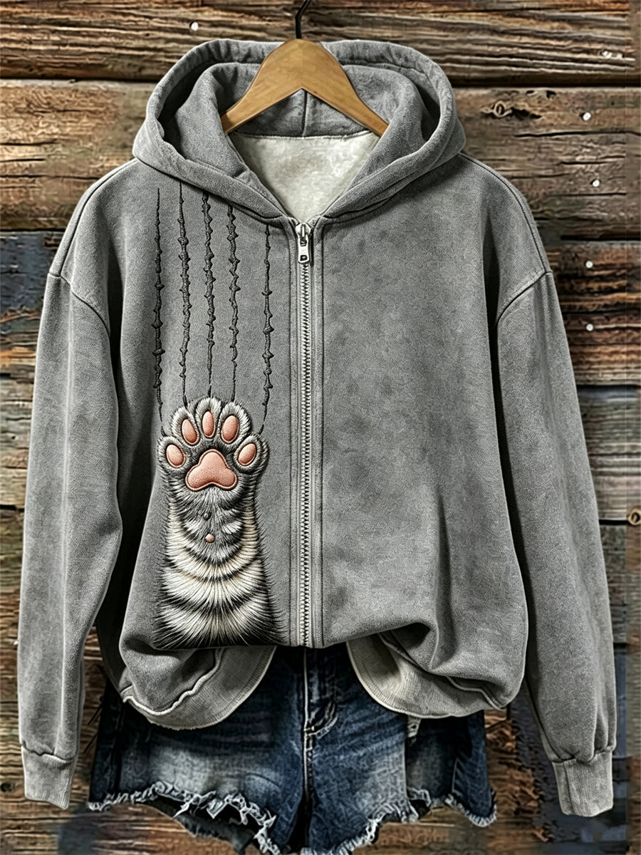 Damen Tabby Cat Fuzzy Paw & Scratches Print Full Zip Hoodie