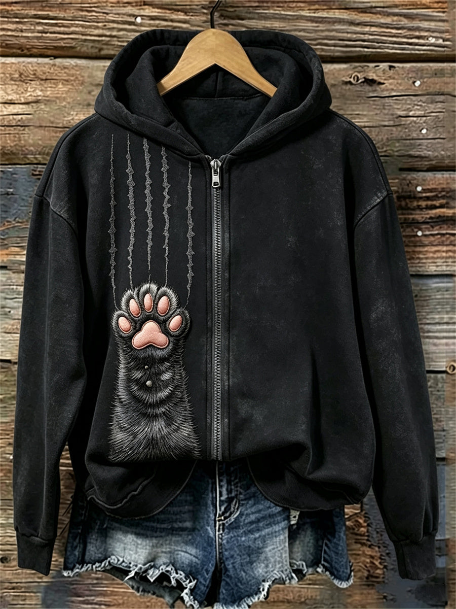 Damen schwarze Katze Fuzzy Paw & Scratches Print Full Zip Hoodie