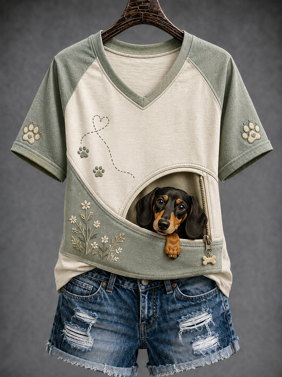 Frauen-Fun-Tiere-V-Ausschnitt-Kurzarm-T-Shirt