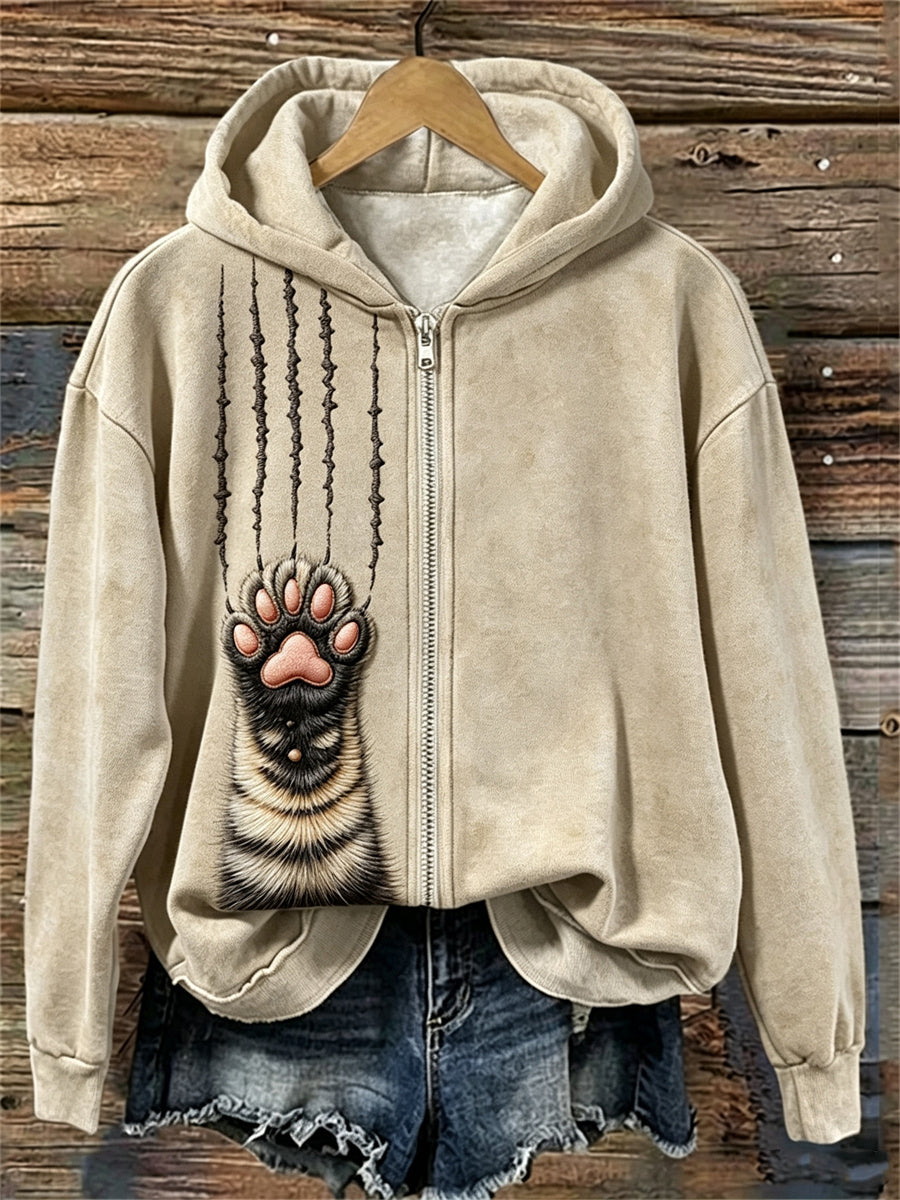 Damen-Kapuzenpullover mit flauschigen Katzenpfoten und Kratzspuren, durchgehendem Reißverschluss
